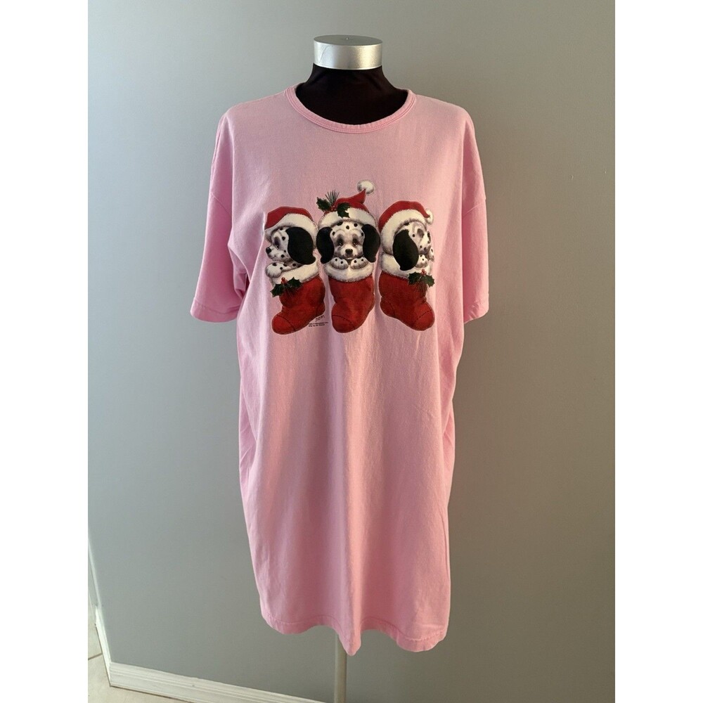 Vtg Christmas Dalmation Puppies Night Shirt One Size Pink Morehead Inc Air Waves